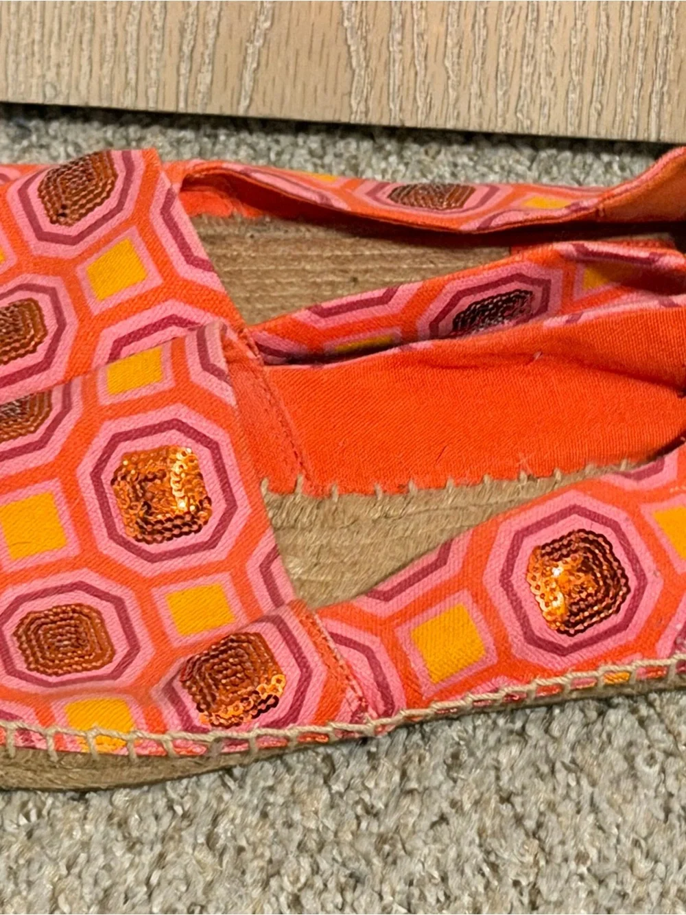Tory Burch Pink and Orange Geometric Sequins Espadrille Flats